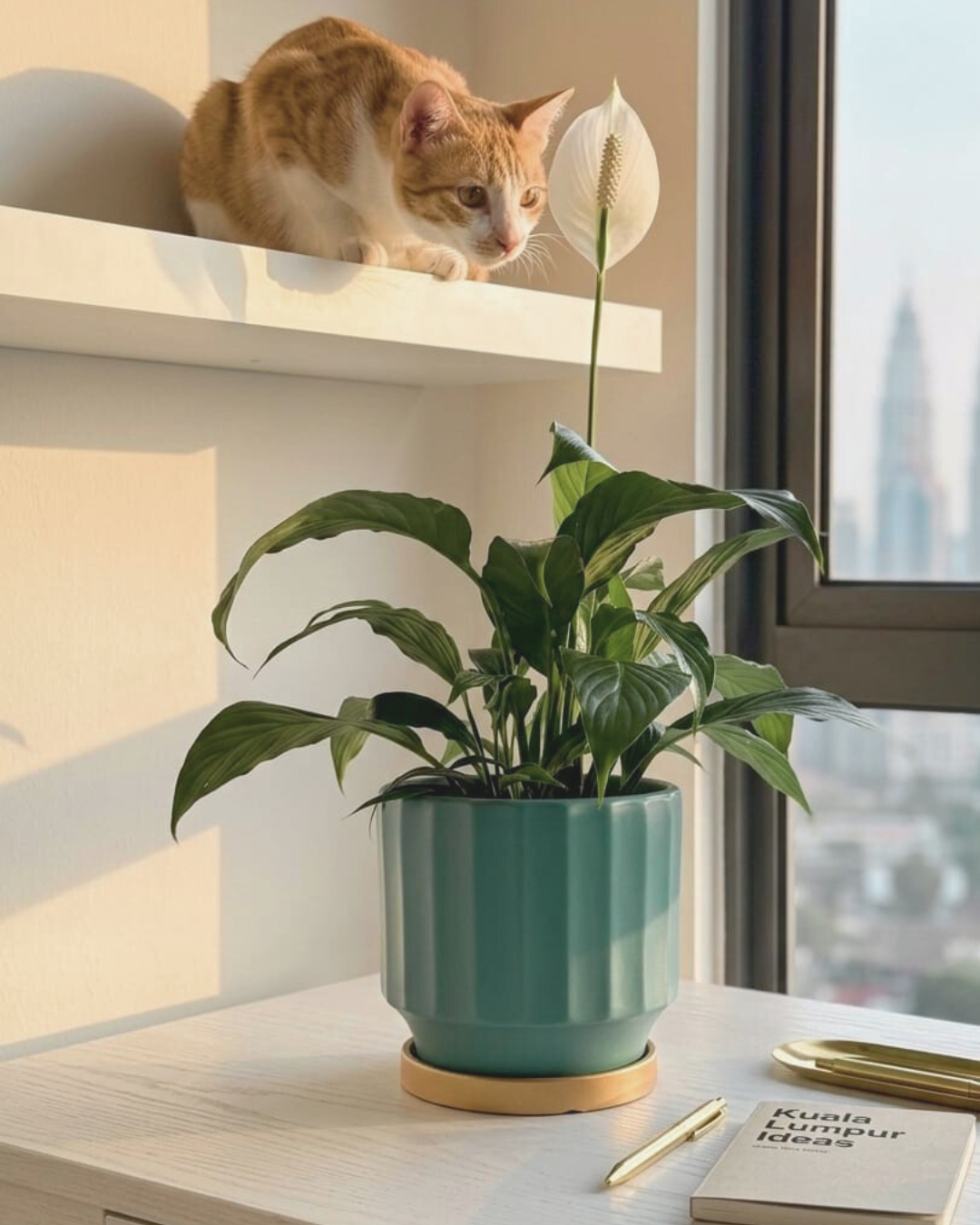 Cat on a shelf looking at a potted PEACE LILY Plant in a matte teal green ceramic pot with gold ceramic tray on a desk with a KL cityscape view.