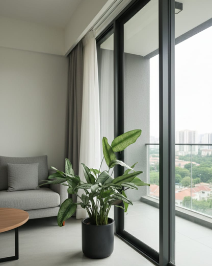 Extra-large Calathea Pinstripe indoor plant, 80cm tall, in a minimalist matte black pot in a KL modern living room. Perfect for floor-standing home decor.