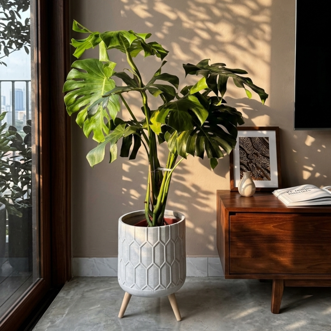 Monstera deliciosa (Swiss cheese plant) in cement honeycomb geometric pot on wooden legs — indoor plant for Kuala Lumpur homes.