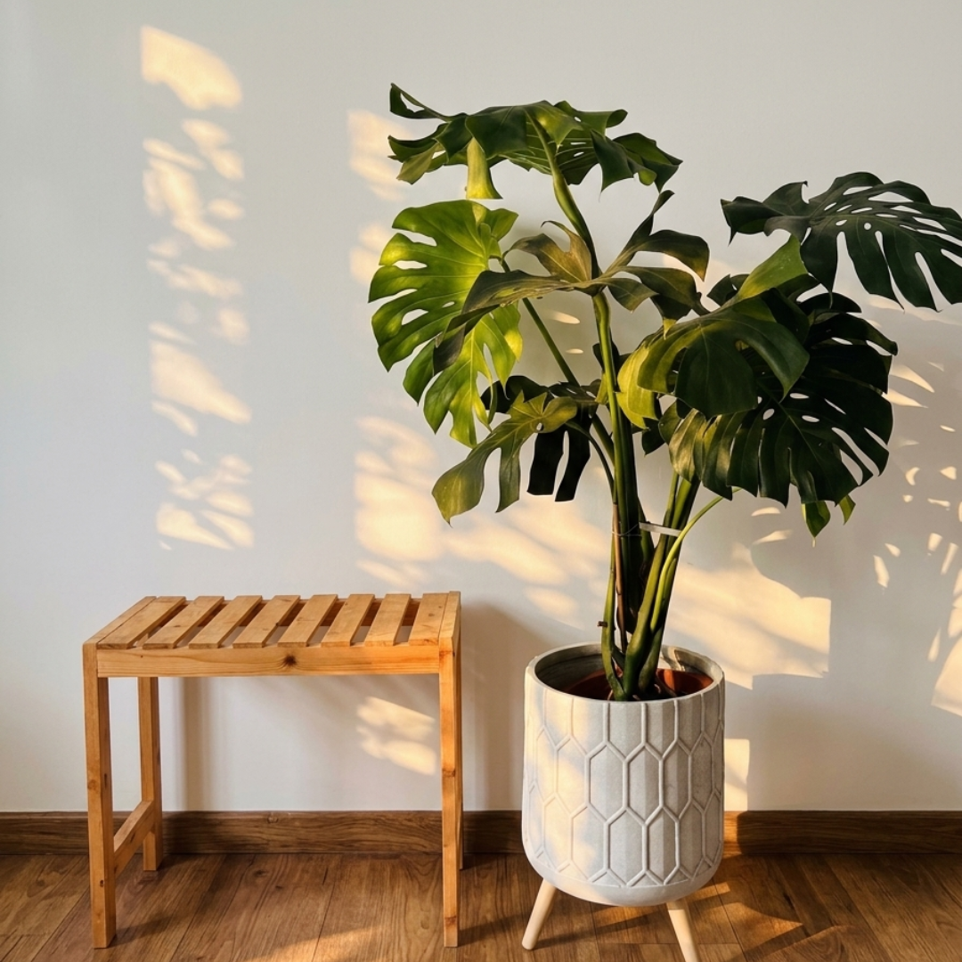 Monstera deliciosa XL in cement honeycomb fiberglass planter on wooden legs against white wall— stylish indoor plant for Klang Valley apartments; buy online, fast KL delivery.