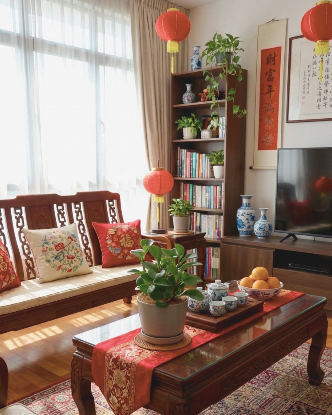 Curated Peperomia Obstifulia in a living room with wooden furniture, decorative pillows, and a bookshelf in chinese festive decor.