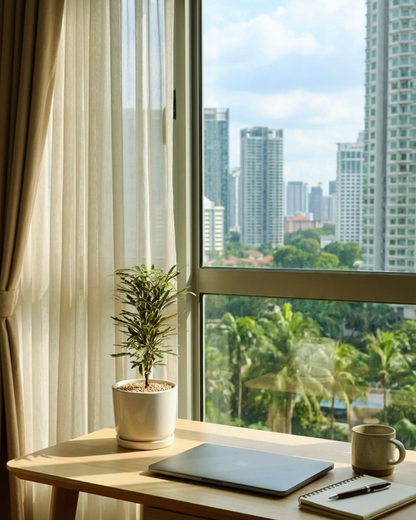 False Aralia (Plerandra elegantissima) with delicate feathery deep green leaves edged in cream in a modern white ceramic pot, displayed in a bright working desk against cityscape in PJ, Malaysia
