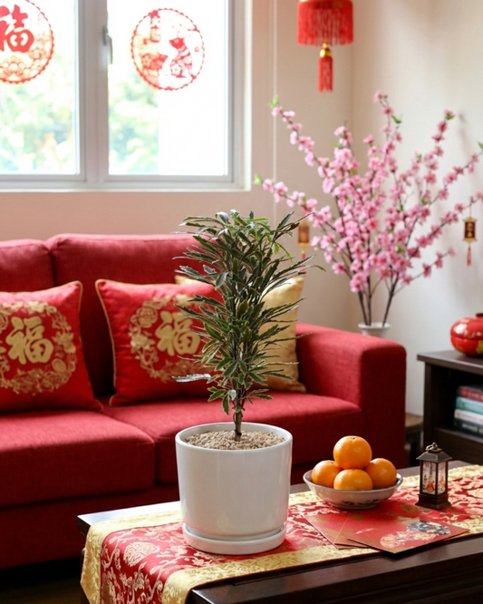 False Aralia (Plerandra elegantissima) with delicate feathery deep green leaves edged in cream in a modern white ceramic pot, displayed in a bright interior space with cny decoration