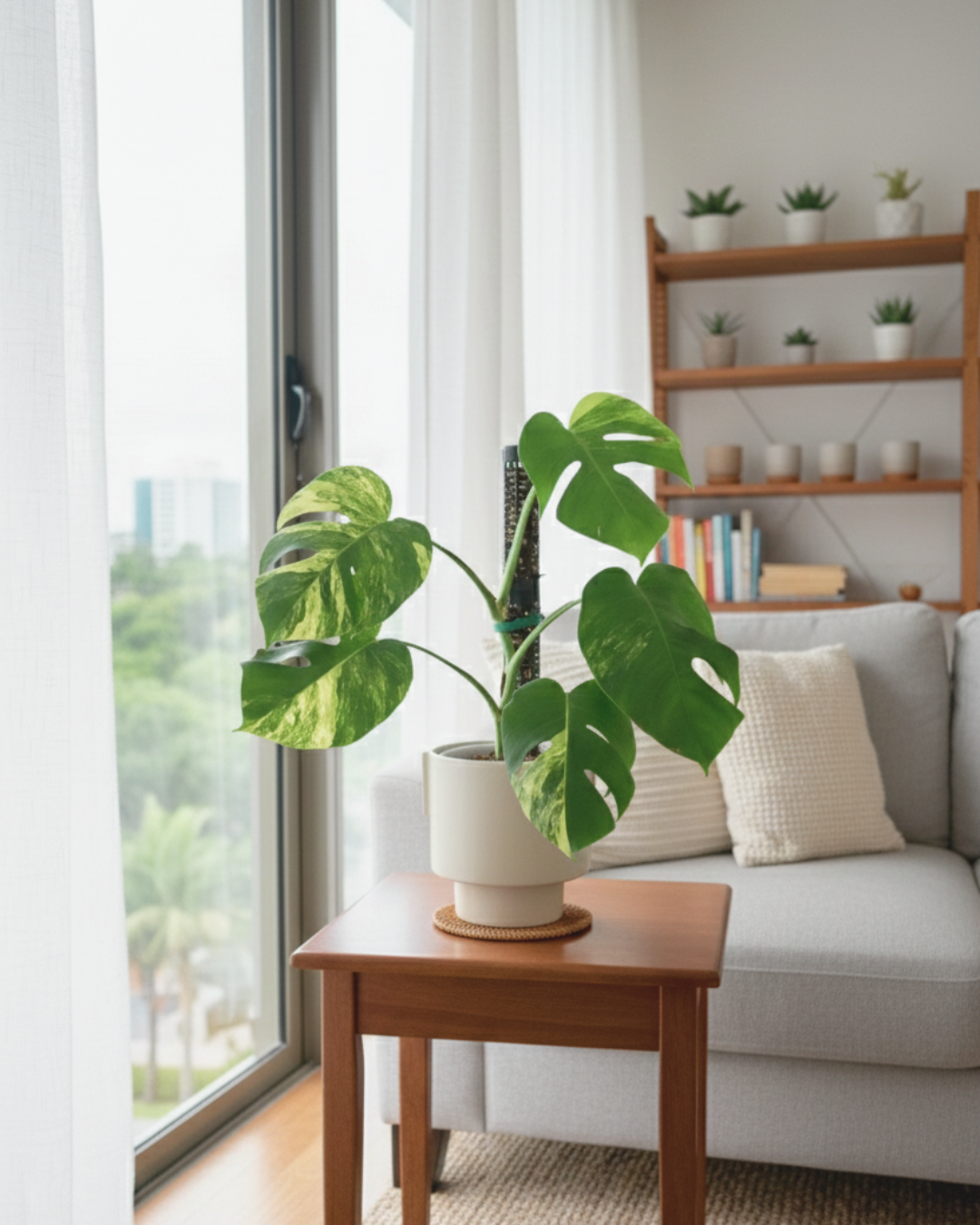 Monstera Aurea Marmorata in Modern Light Brown Matte Ceramic Pot