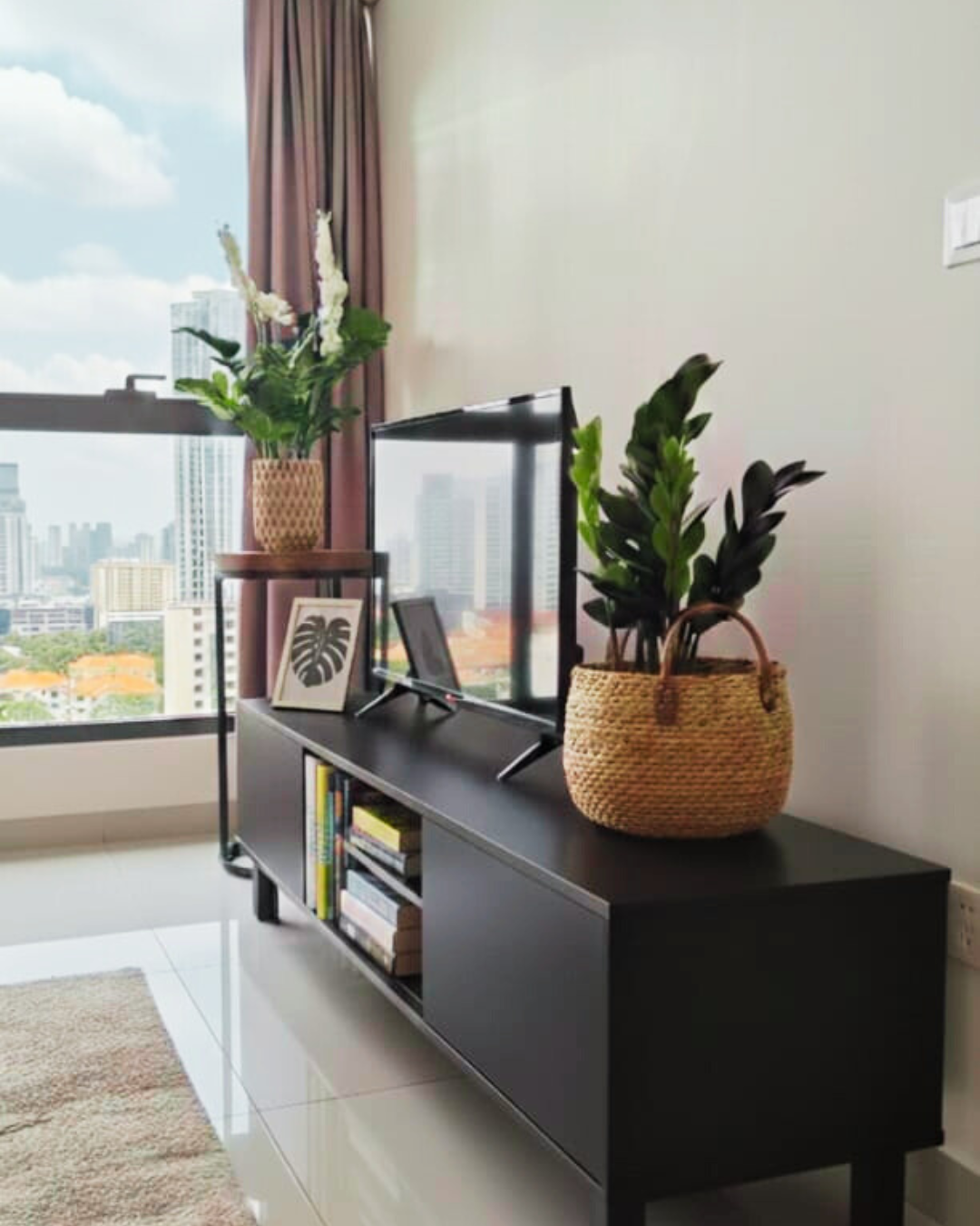 Raven ZZ plant with glossy black foliage styled in a natural woven seagrass basket with leather handles. in a KL living room. A low-light indoor plant for luxury home decor in Malaysia.