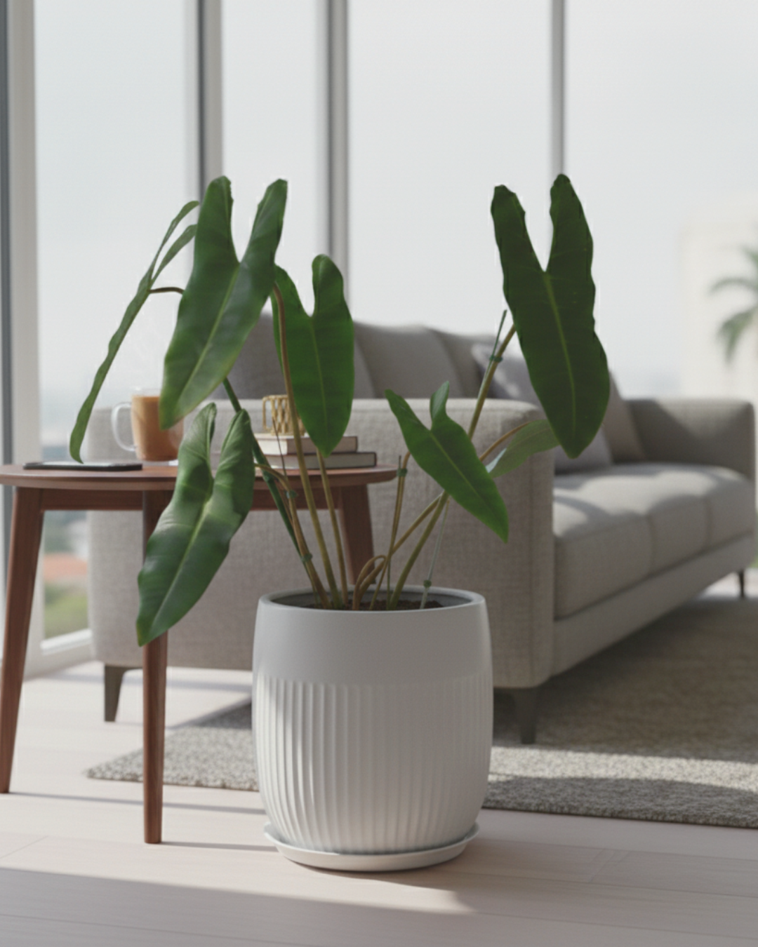 Philodendron Billietiae (Large) in Modern Sand Vertical Ceramic Planter