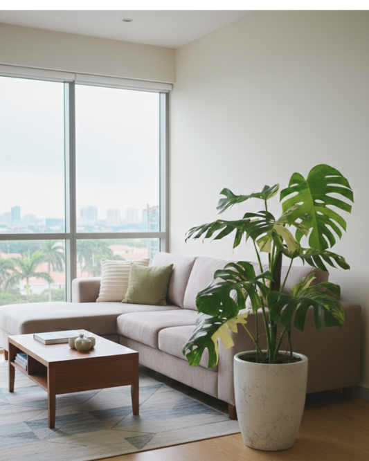 Mature Monstera Aurea Tricolor in Modern Marble-Inspired Tapered Cylindrical Ceramic Planter